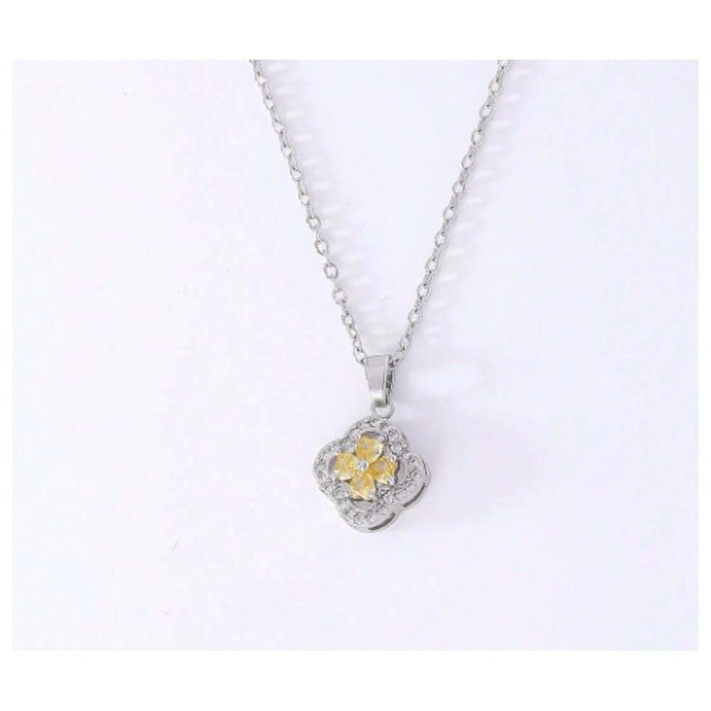 Yellow clover - Necklace - Silver - CZs - 18"